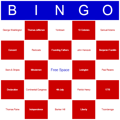 Independence Day Bingo Card